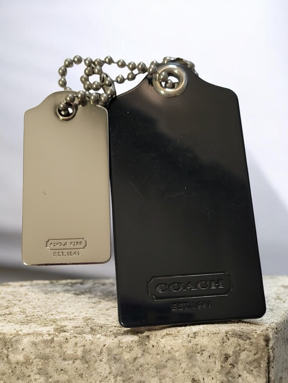 Coach EUC! Black Leather and Silver-Tone Double Hangtags With Silver Ball Chains - Picture 2 of 3